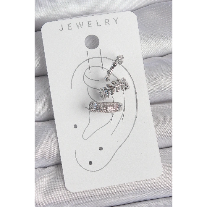 Pirinç Gümüş Renk Zirkon Taşlı 3Lü Model Yaprak Figür Kadın Kıkırdak Küpe - TJ-BKP10564