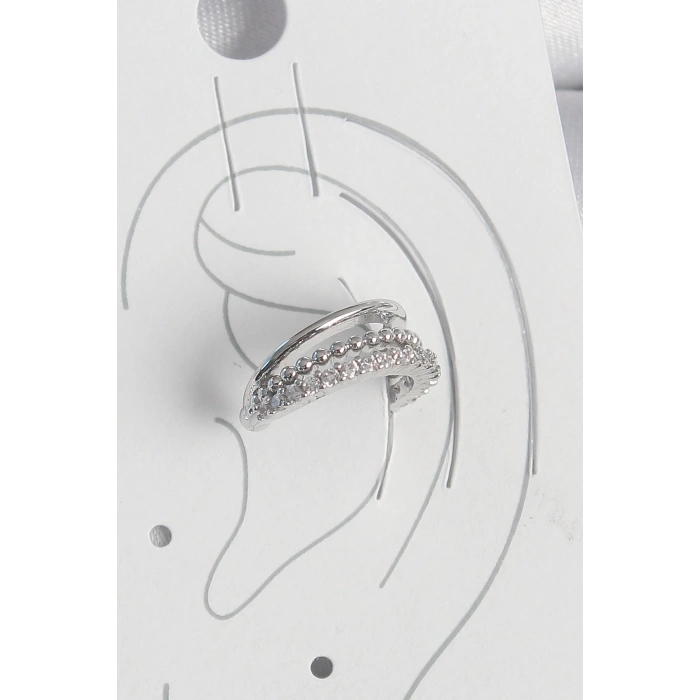 Pirinç Gümüş Renk Zirkon Taşlı 3Lü Sıralı Kadın Kıkırdak Küpe - TJ-BKP10554