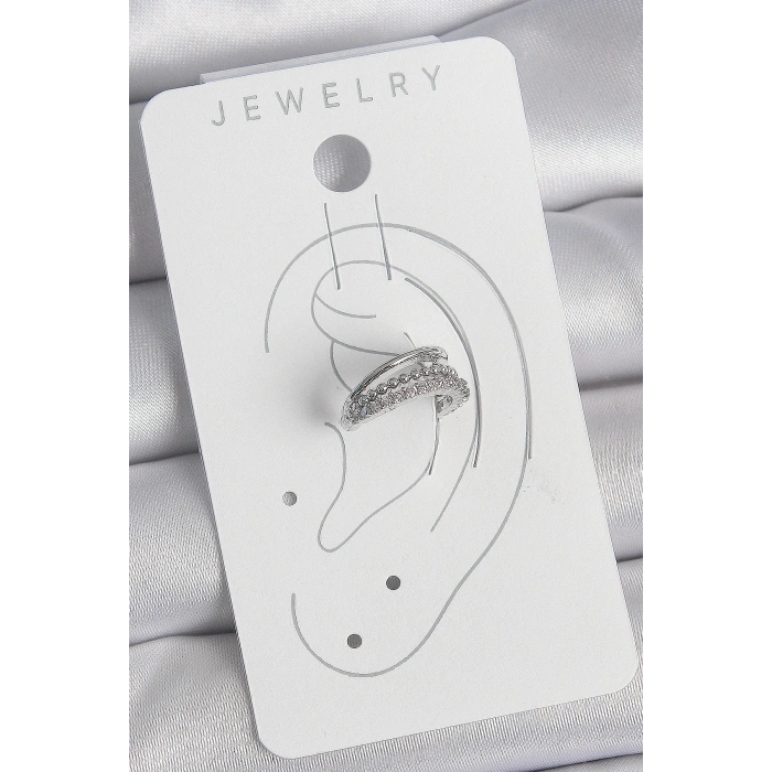 Pirinç Gümüş Renk Zirkon Taşlı 3Lü Sıralı Kadın Kıkırdak Küpe - TJ-BKP10554