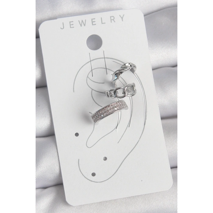 Pirinç Gümüş Renk Zirkon Taşlı 3Lü Zincir Sarmal Model Kadın Kıkırdak Küpe - TJ-BKP10565