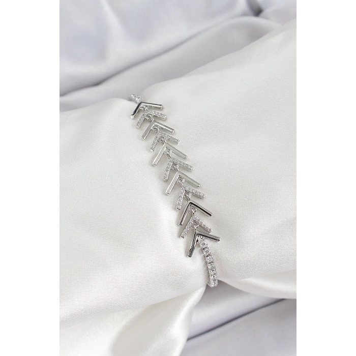 Pirinç Gümüş Renk Zirkon Taşlı Balık Sırtı Kadın Bileklik - TJ-BB7069