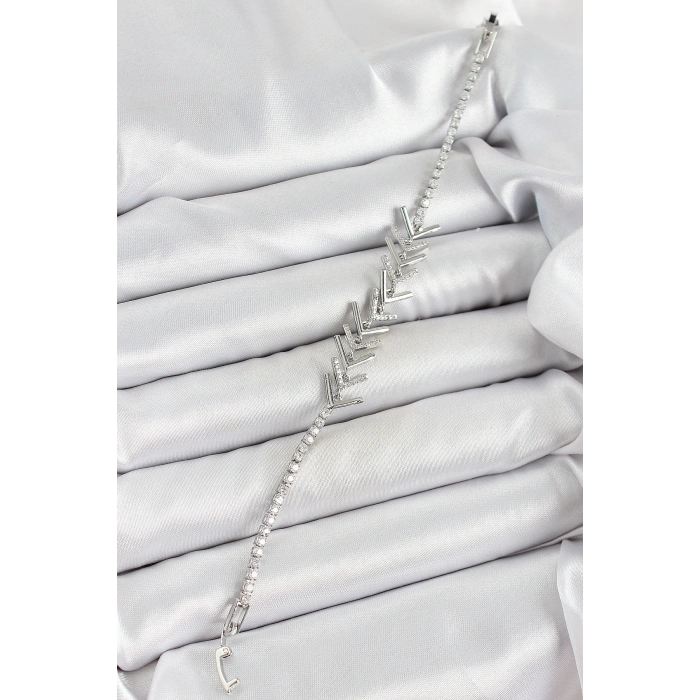 Pirinç Gümüş Renk Zirkon Taşlı Balık Sırtı Kadın Bileklik - TJ-BB7069