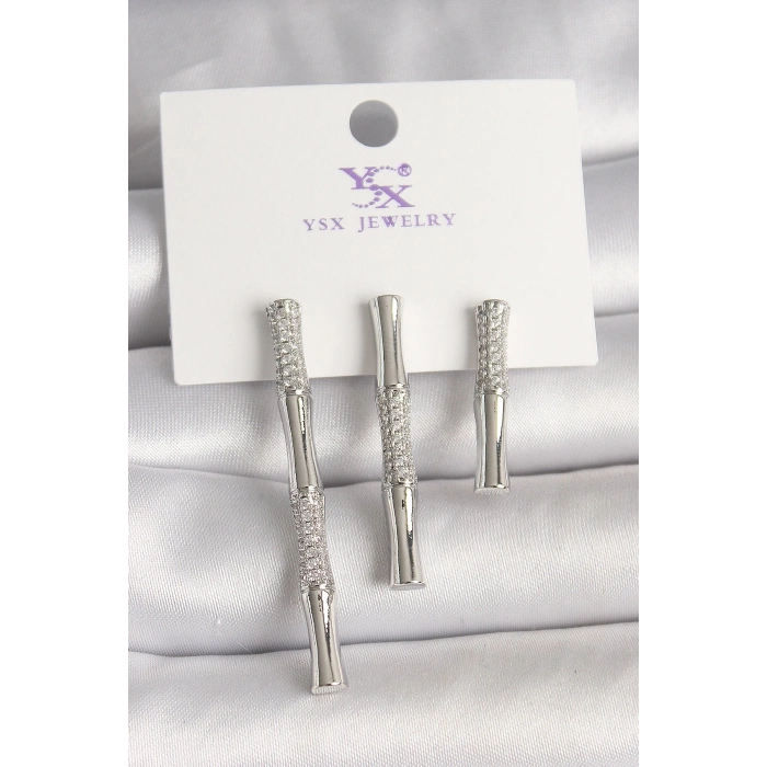 Pirinç Gümüş Renk Zirkon Taşlı Bambu Model 3Lü Kadın Kombin Küpe - TJ-BKP10462