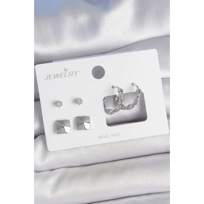 Pirinç Gümüş Renk Zirkon Taşlı Burgu Halka Model Kare Detay 3 Çift Kadın Küpe Seti - TJ-BKP10605