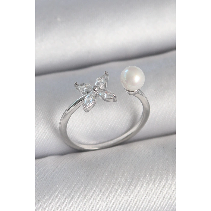 Pirinç Gümüş Renk Zirkon Taşlı Çiçek Model İnci Detay Ayarlanabilir Kadın Yüzük - TJ-BYK3726