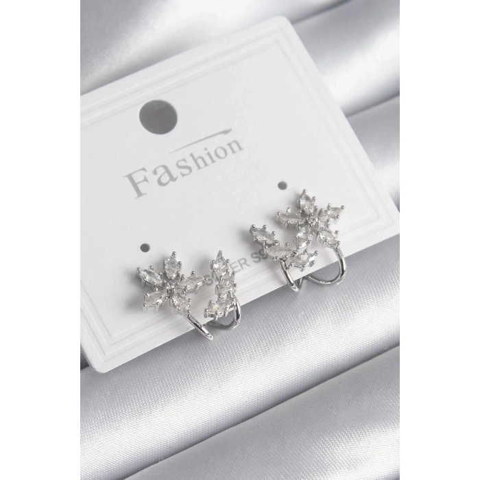 Pirinç Gümüş Renk Zirkon Taşlı Çiçek Model Kadın Küpe - TJ-BKP9740