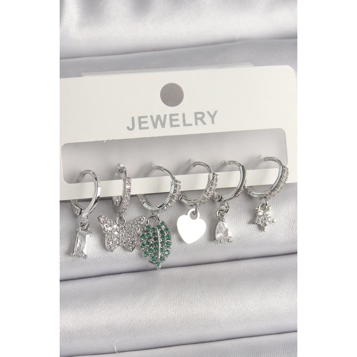 Pirinç Gümüş Renk Zirkon Taşlı Çoklu Figür Kadın Küpe Seti - TJ-BKP10097