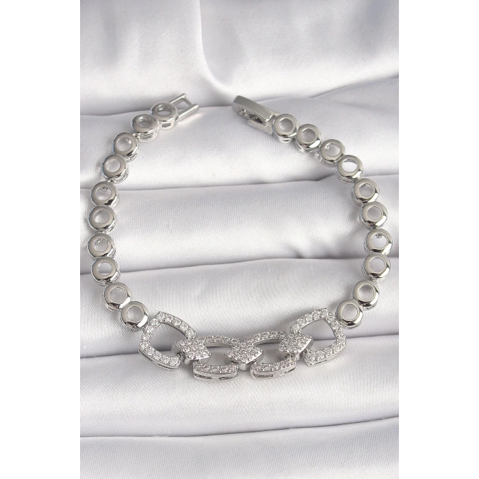 Pirinç Gümüş Renk Zirkon Taşlı Daire Zincir Model Kadın Bileklik - TJ-BB6843