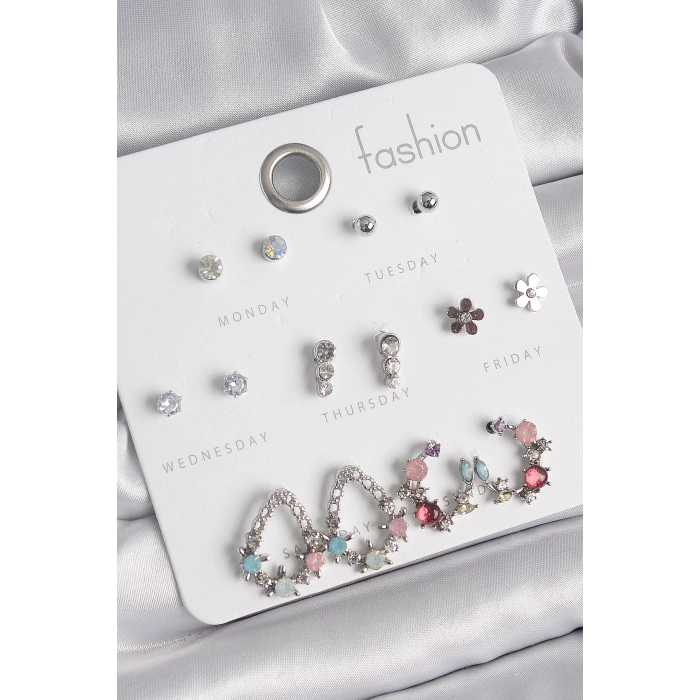 Pirinç Gümüş Renk Zirkon Taşlı Damla Model Çiçek Detay 7 Çift Kadın Küpe Seti - TJ-BKP10549