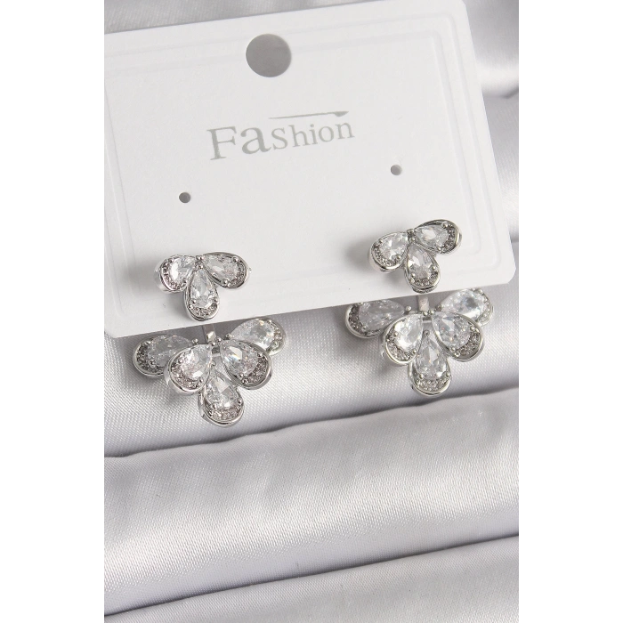 Pirinç Gümüş Renk Zirkon Taşlı Damla Model Kadın Küpe - TJ-BKP9940