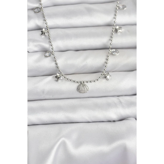 Pirinç Gümüş Renk Zirkon Taşlı Deniz Kabuğu Model Kadın Kolye - TJ-BKO10656