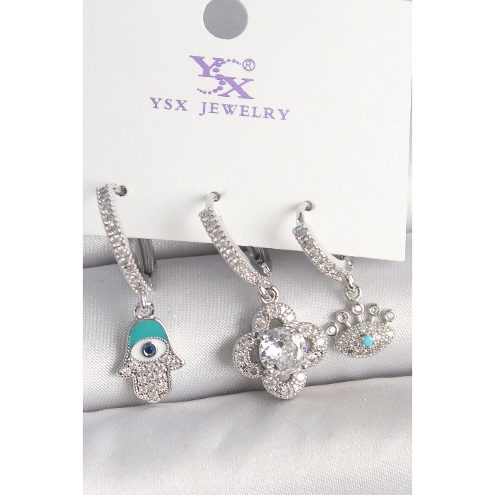 Pirinç Gümüş Renk Zirkon Taşlı Fatma Ana Yonca Figür Göz Detay 3Lü Kadın Kombin Küpe - TJ-BKP10450