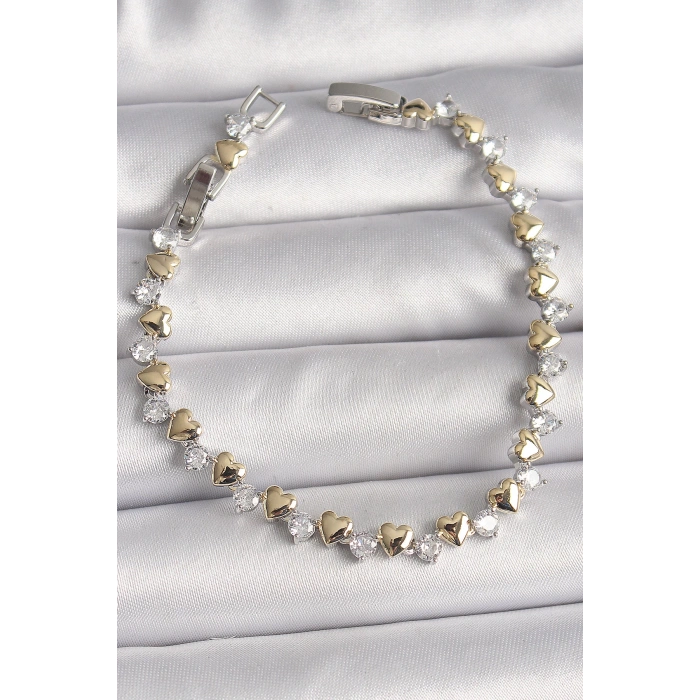 Pirinç Gümüş Renk Zirkon Taşlı Gold Kalpli VIP Seri Kadın Bileklik - TJ-BB6714