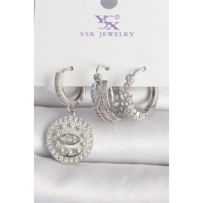 Pirinç Gümüş Renk Zirkon Taşlı Göz İşlemeli Halka Model 3Lü Kadın Kombin Küpe - TJ-BKP10436