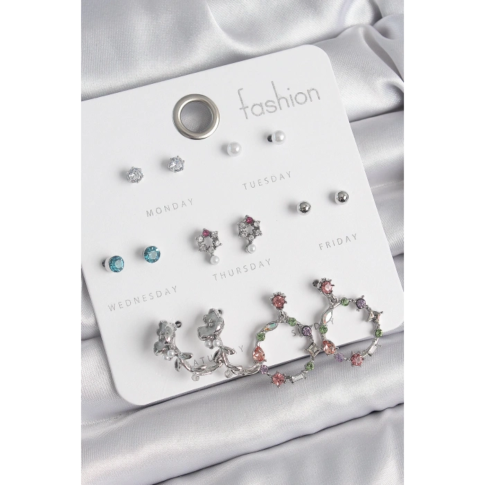 Pirinç Gümüş Renk Zirkon Taşlı Gül Figür Halka Model 7 Çift Kadın Küpe Seti - TJ-BKP10544