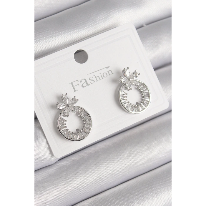 Pirinç Gümüş Renk Zirkon Taşlı Halka Model Çiçek Figür Kadın Küpe - TJ-BKP9761