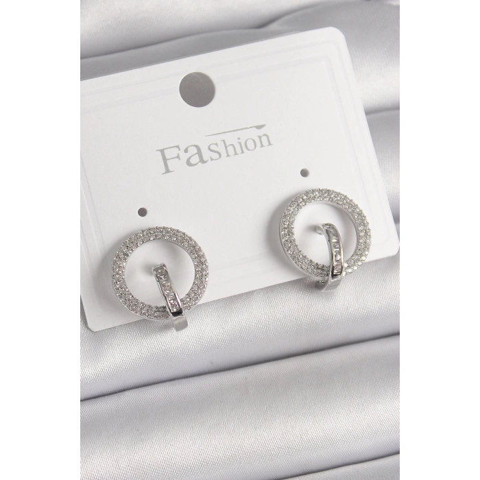 Pirinç Gümüş Renk Zirkon Taşlı Halka Model Kadın Küpe - TJ-BKP9924