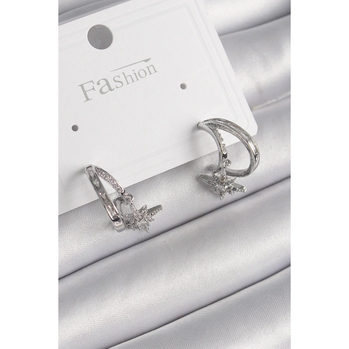 Pirinç Gümüş Renk Zirkon Taşlı Halka Model Sallantı Yıldız Detay Kadın Küpe - TJ-BKP9990