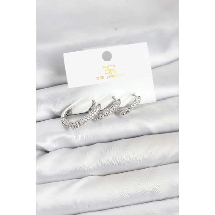 Pirinç Gümüş Renk Zirkon Taşlı Halka Model YSX Trio Küpe Seti - TJ-BKP11571