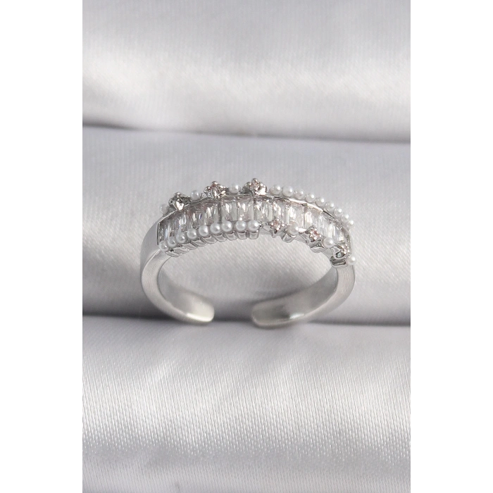 Pirinç Gümüş Renk Zirkon Taşlı İnci Detay VIP Seri Kadın Yüzük - TJ-BYK3519