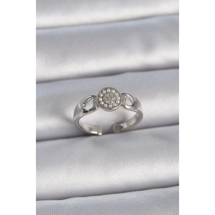 Pirinç Gümüş Renk Zirkon Taşlı İncili Kalp İşleme Detay Ayarlanabilir Model Kadın Yüzük - TJ-BYK3359