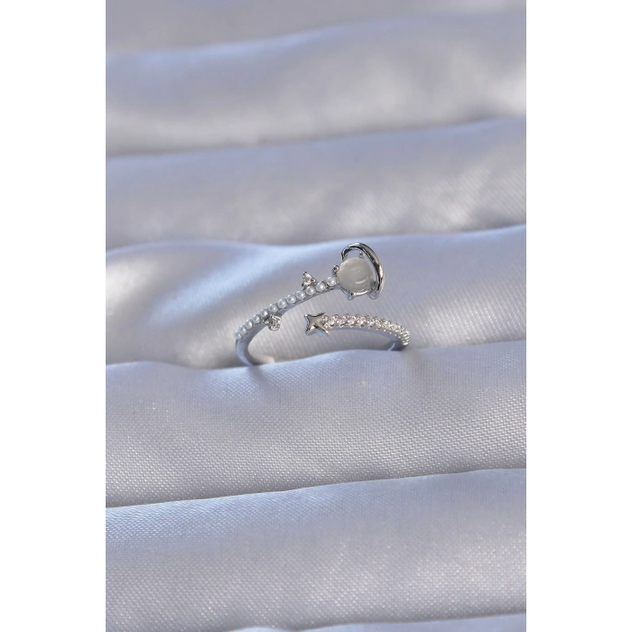 Pirinç Gümüş Renk Zirkon Taşlı İncili Satürn Model Ayarlanabilir Yüzük - TJ-BYK3222