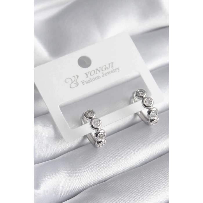 Pirinç Gümüş Renk Zirkon Taşlı Kadın Küpe - TJ-BKP8345