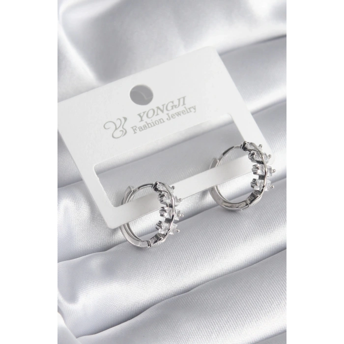 Pirinç Gümüş Renk Zirkon Taşlı Kadın Küpe - TJ-BKP8355