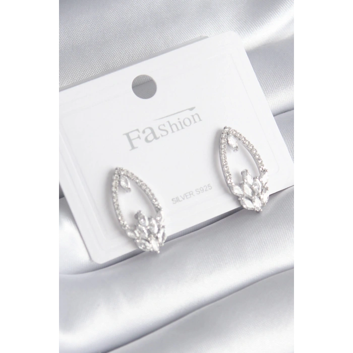 Pirinç Gümüş Renk Zirkon Taşlı Kadın Küpe - TJ-BKP8443