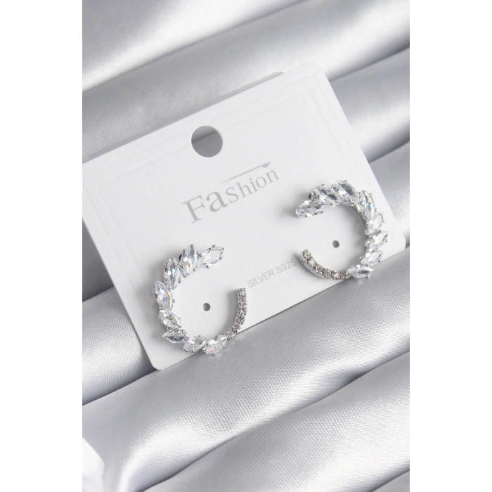 Pirinç Gümüş Renk Zirkon Taşlı Kadın Küpe - TJ-BKP8510