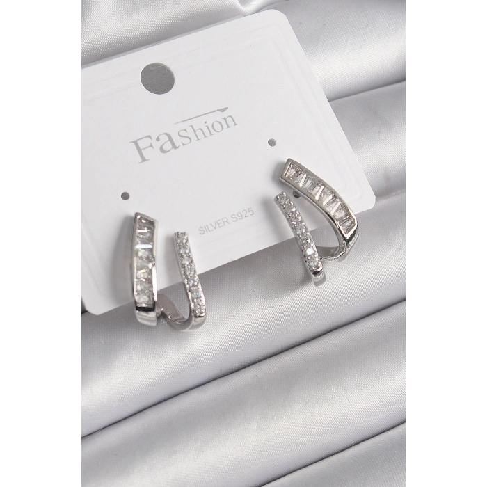 Pirinç Gümüş Renk Zirkon Taşlı Kadın Küpe - TJ-BKP9970