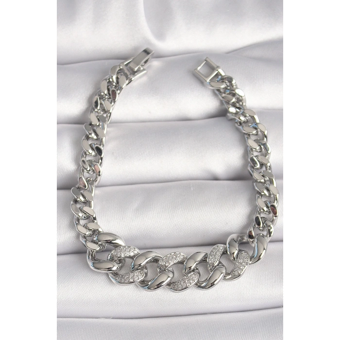 Pirinç Gümüş Renk Zirkon Taşlı Kalın Halka Model Kadın Bileklik - TJ-BB6854