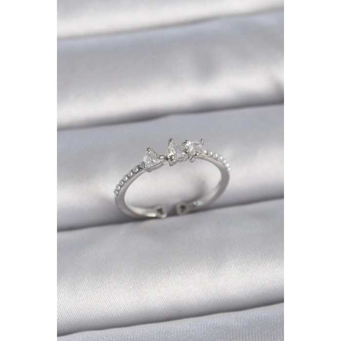 Pirinç Gümüş Renk Zirkon Taşlı Kalp İnci Detay Ayarlanabilir Model Kadın Yüzük - TJ-BYK3363