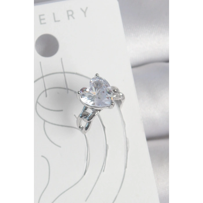 Pirinç Gümüş Renk Zirkon Taşlı Kalp Model Kadın Kıkırdak Küpe - TJ-BKP10563