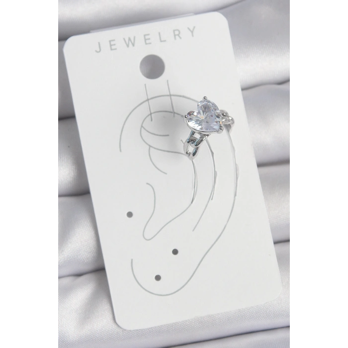 Pirinç Gümüş Renk Zirkon Taşlı Kalp Model Kadın Kıkırdak Küpe - TJ-BKP10563