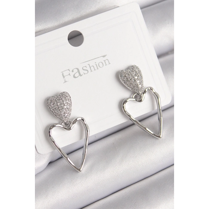 Pirinç Gümüş Renk Zirkon Taşlı Kalp Model Kadın Küpe - TJ-BKP9781