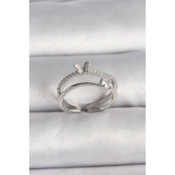 Pirinç Gümüş Renk Zirkon Taşlı Kelebek Figürlü Ayarlanabilir Yüzük - TJ-BYK3528