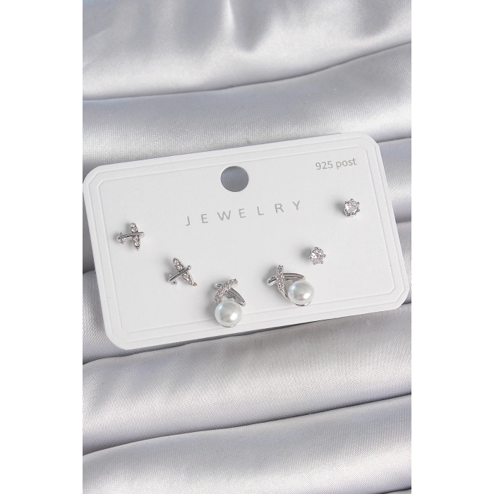 Pirinç Gümüş Renk Zirkon Taşlı Kelebek Model İnci Detay 925 Ayar Gümüş Çivi Kadın Küpe Seti - TJ-BKP10479