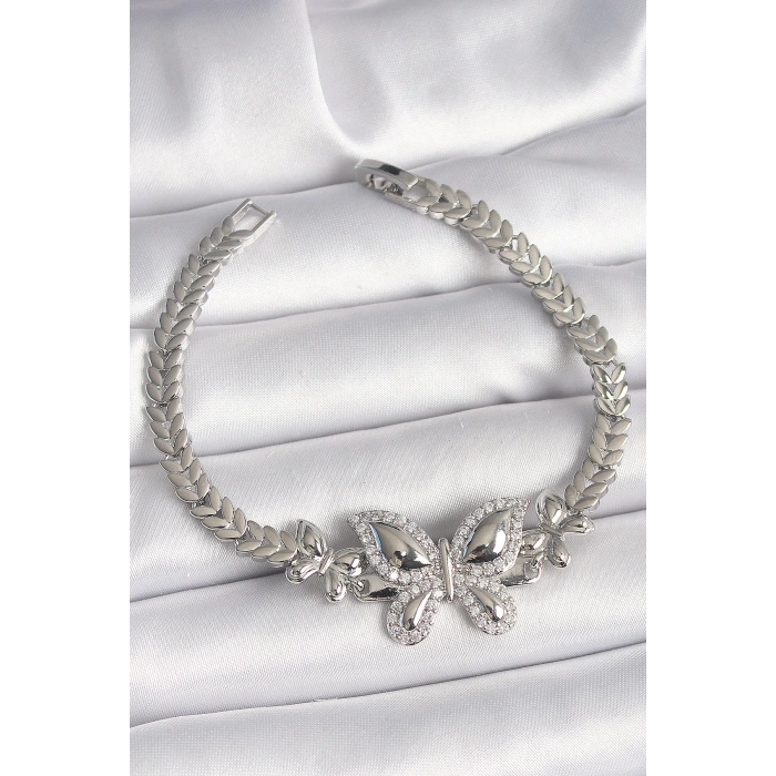 Pirinç Gümüş Renk Zirkon Taşlı Kelebek Model Kadın Bileklik - TJ-BB6815