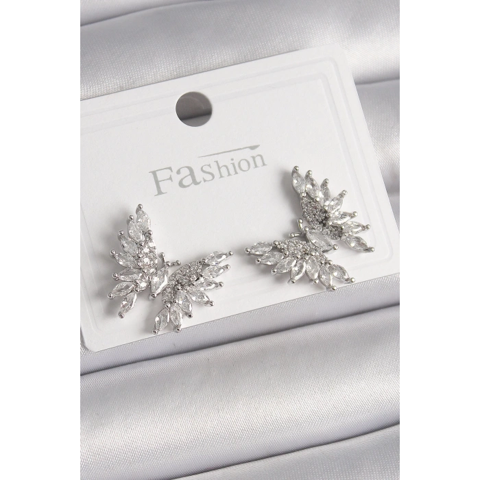 Pirinç Gümüş Renk Zirkon Taşlı Kelebek Model Kadın Küpe - TJ-BKP9908