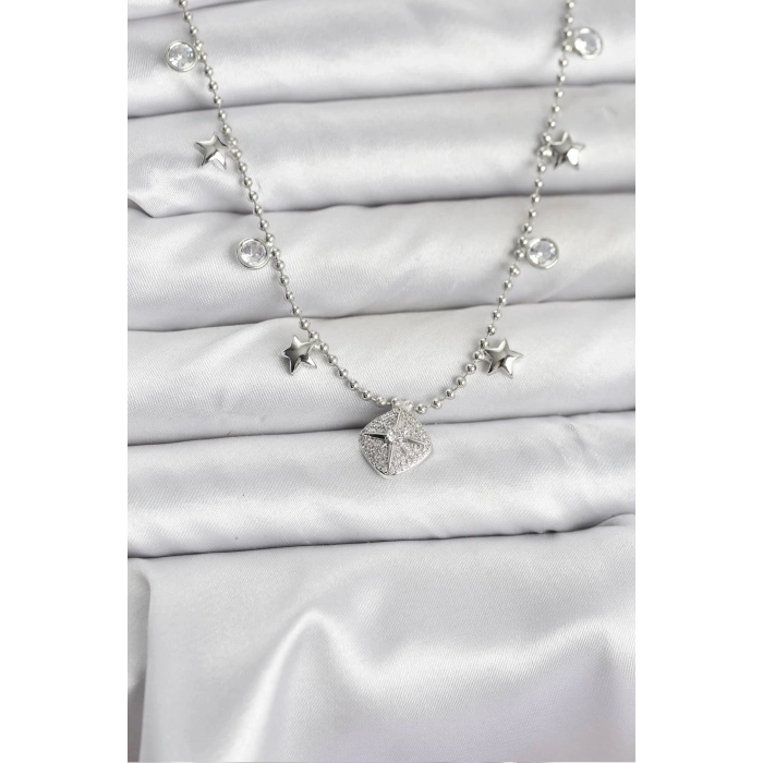 Pirinç Gümüş Renk Zirkon Taşlı Kutup Yıldızı Model Kadın Kolye - TJ-BKO10657