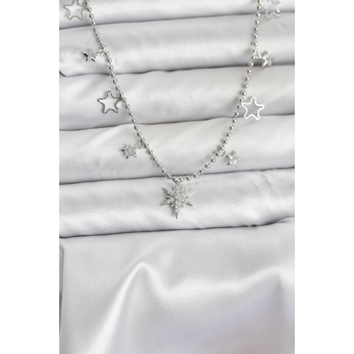 Pirinç Gümüş Renk Zirkon Taşlı Kutup Yıldızı Model Kadın Kolye - TJ-BKO10659