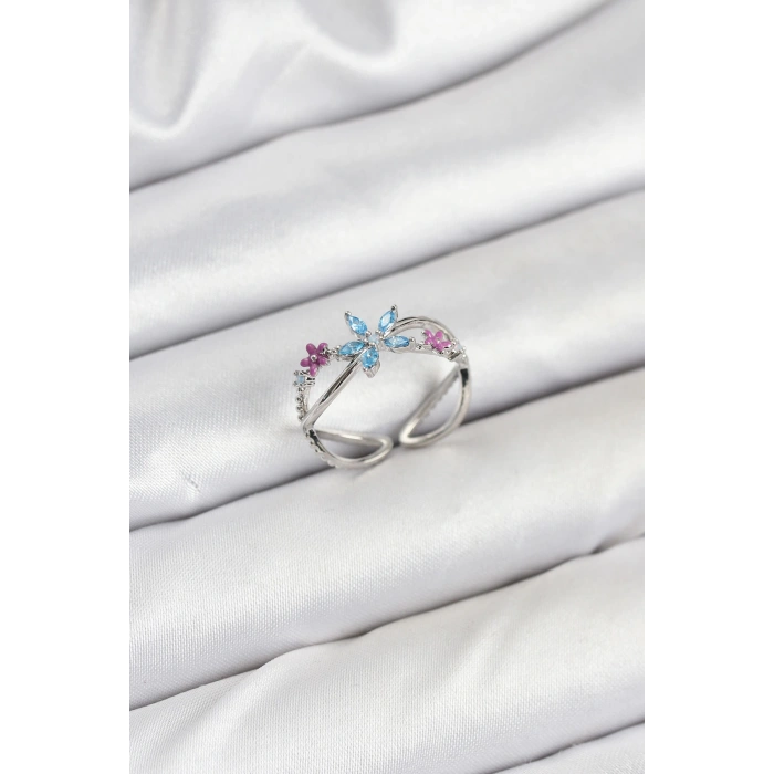 Pirinç Gümüş Renk Zirkon Taşlı Mavi Çiçekli Kadın Yüzük - TJ-BYK3835