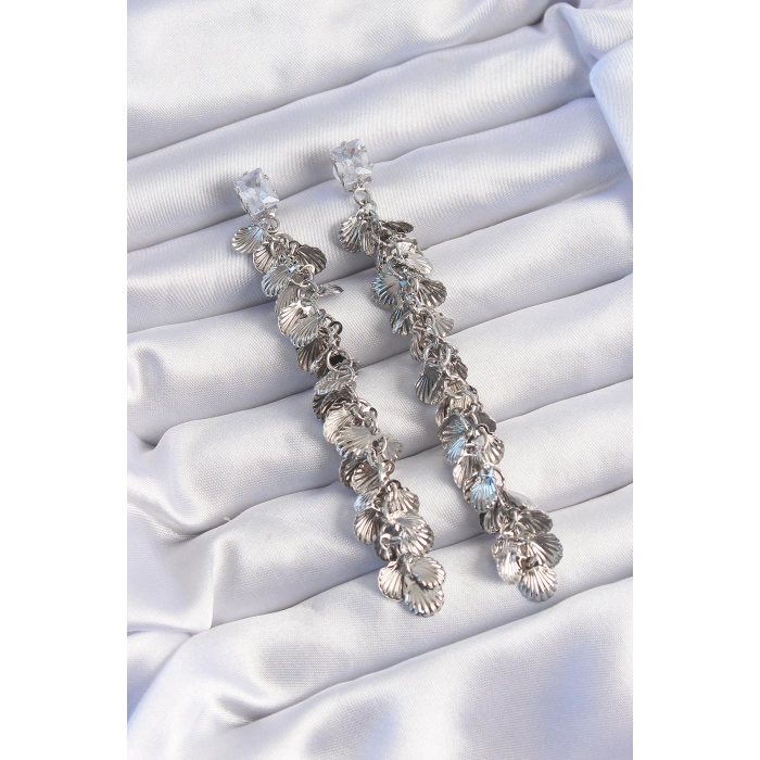 Pirinç Gümüş Renk Zirkon Taşlı Minimal Deniz Kabuklu Sallantılı Küpe - TJ-BKP9253