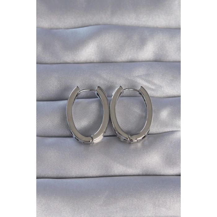 Pirinç Gümüş Renk Zirkon Taşlı Oval Model Küpe - TJ-BKP9078