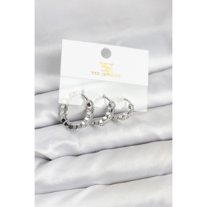 Pirinç Gümüş Renk Zirkon Taşlı Petek Halka Model YSX Trio Küpe Seti - TJ-BKP11567