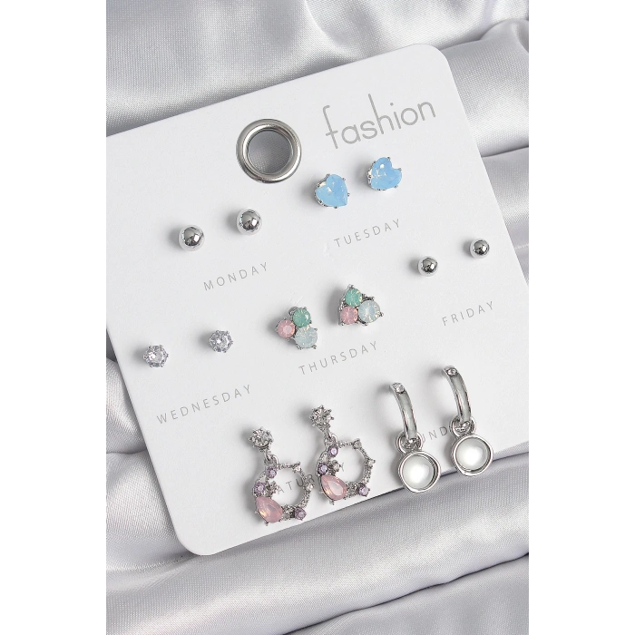 Pirinç Gümüş Renk Zirkon Taşlı Sallantı Halka Model Çiçek Detay 7 Çift Kadın Küpe Seti - TJ-BKP10545