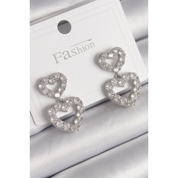 Pirinç Gümüş Renk Zirkon Taşlı Sallantı Kalp Model Kadın Küpe - TJ-BKP9765