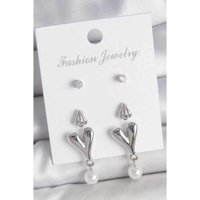 Pirinç Gümüş Renk Zirkon Taşlı Sallantılı Kalp Model 3 Çift Kadın Küpe Seti - TJ-BKP10590