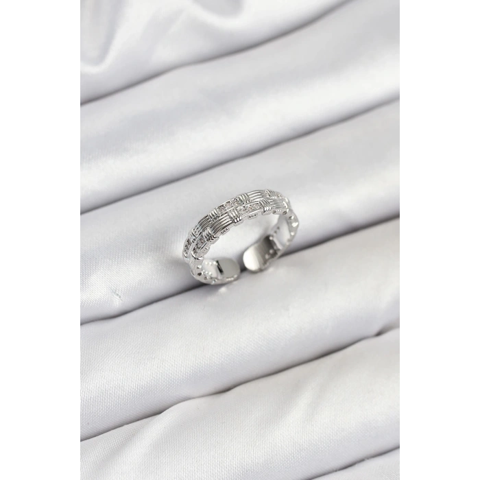 Pirinç Gümüş Renk Zirkon Taşlı Sırım Kadın Yüzük - TJ-BYK3847